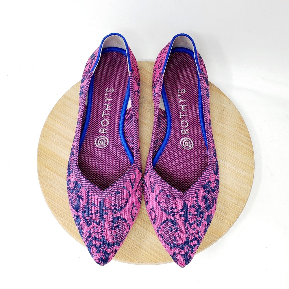 Rothys The Point Ballet Flats Womens 8 Fuschia Navy Snake Pattern Pointed Shoes